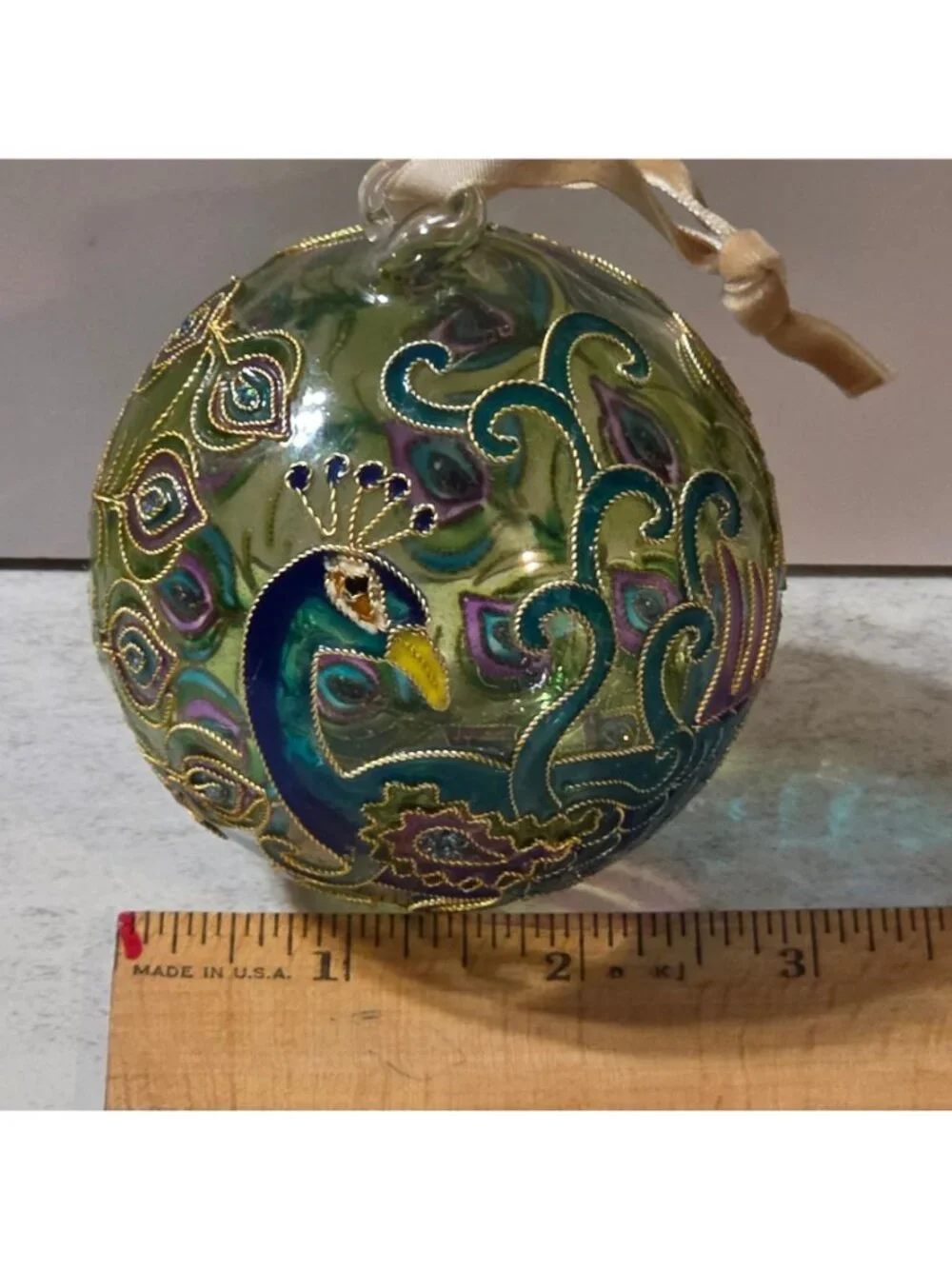 World Market Peacock Cloisonne Glass Christmas Ornament 3